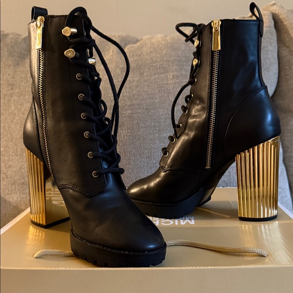 Michael Kors Black and Gold Lace Up Boots - Picture 1 of 11
